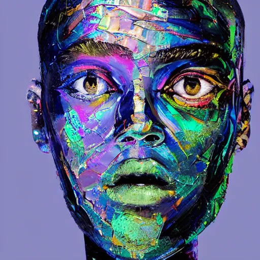 Prompt: a holographic human robotic head made of glossy iridescent, Face, Palette Knife Painting, Acrylic Paint, Dried Acrylic Paint, Dynamic Palette Knife Oil Paintings, Vibrant Palette Knife Portraits Radiate Raw Emotions, Full Of Expressions, Palette Knife Paintings by Francoise Nielly, Beautiful, Beautiful Face, Portrait, Black Studio Background Color, Black Color Background Studio Lighting, Dark Studio Light, Studio, Beautiful STUDIO face, surrealistic 3d illustration of a human face non-binary, non binary model, 3d model human, cryengine, made of holographic texture, holographic material, holographic rainbow, concept of cyborg and artificial intelligence, Black Background, Black Color Background,