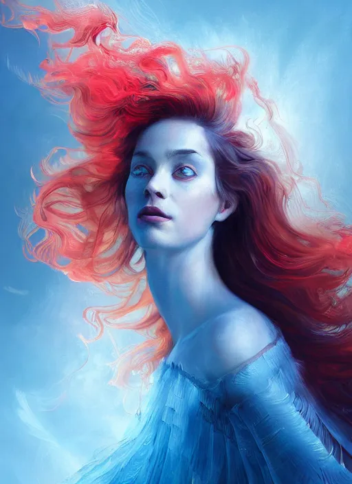 Image similar to a painting of a woman who made of curly and transparent feathers cloud with red edges is holding a sword, a digital painting by charlie bowater, made of many translucent layers of blue, metaphysical painting, speedpainting, digital painting, holographic undertones, highly saturated colors, 4 k, digital art, concept art, trending on artstation