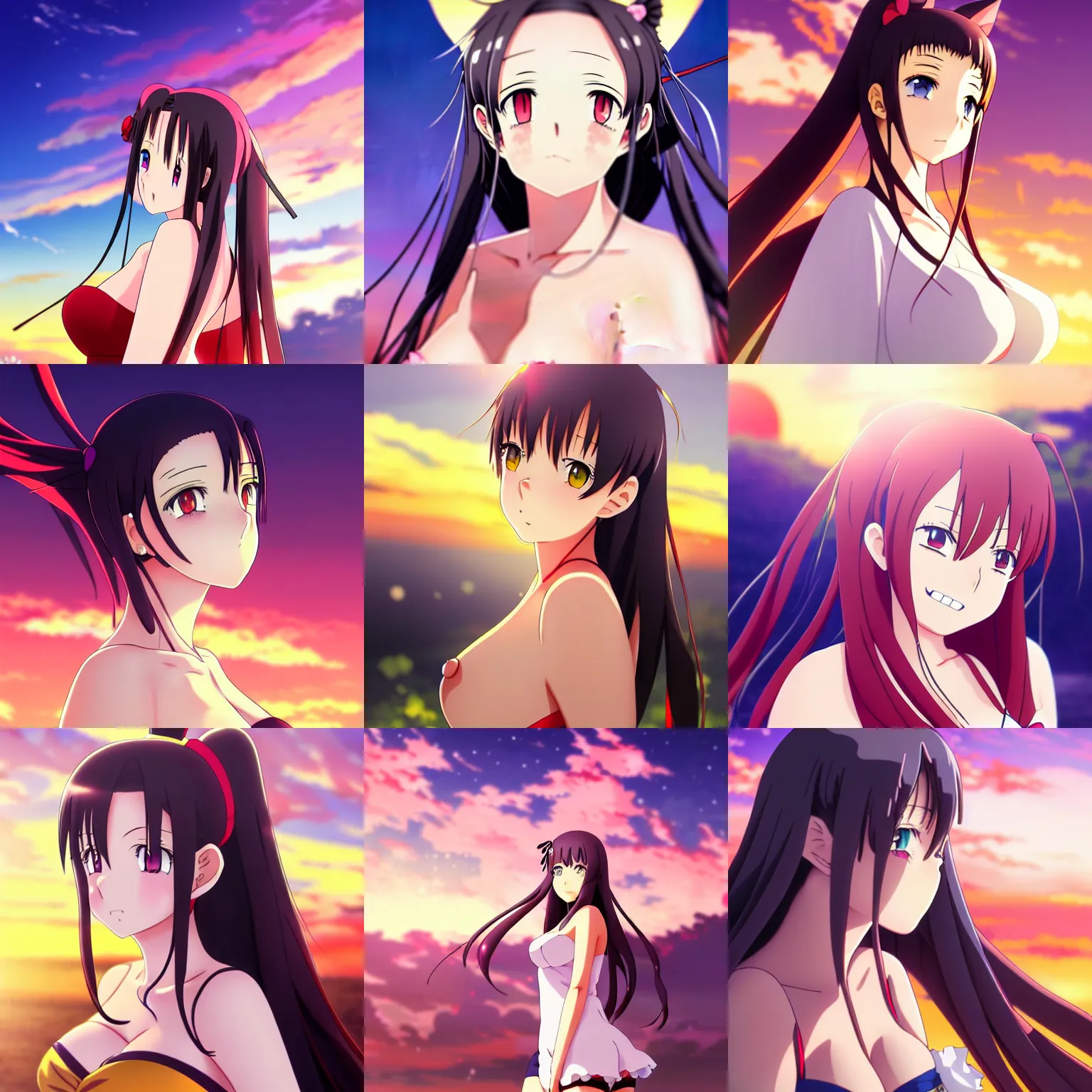 Prompt: anime art, anime key visual of elegant angelawhite, closed smile, happy, finely detailed perfect face, at sunset, golden hour sunset lighting, background blur bokeh!!, trending on pixiv fanbox, studio ghibli, extremely high quality artwork
