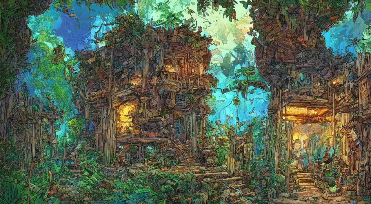 Image similar to open door wood wall fortress child house amazon jungle on portal unknow world ambiant fornite colorful deepdream that looks like it is from borderlands and by feng zhu and loish and laurie greasley, victo ngai, andreas rocha, john harris