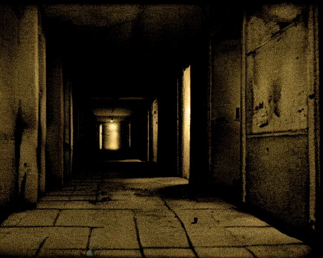 Image similar to dark abandoned hallway at night with eldritch horror, letterboxing, widescreen, 40mm tape, technicolour film, grainy, horror