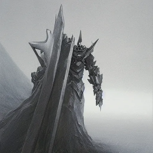 Image similar to concept art of omegamon, sword for left arm and a cannon for right arm, fantasy, valley, heavy fog, zdzislaw beksinski