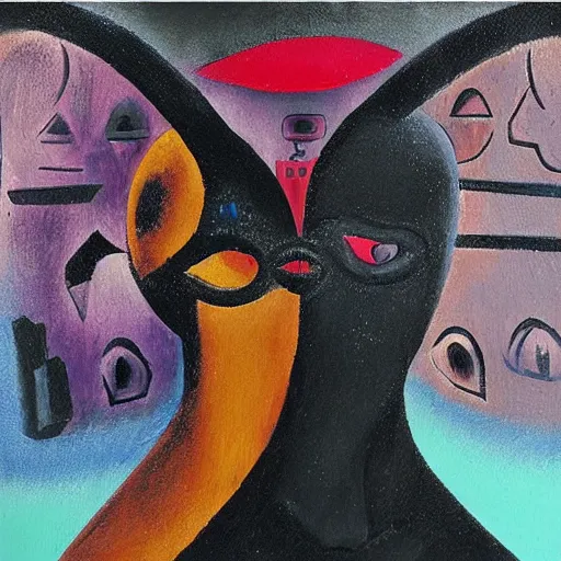 Image similar to Oil painting by Rufino Tamayo. Mechanical gods with bird faces kissing. Oil painting by Lisa Yuskavage.