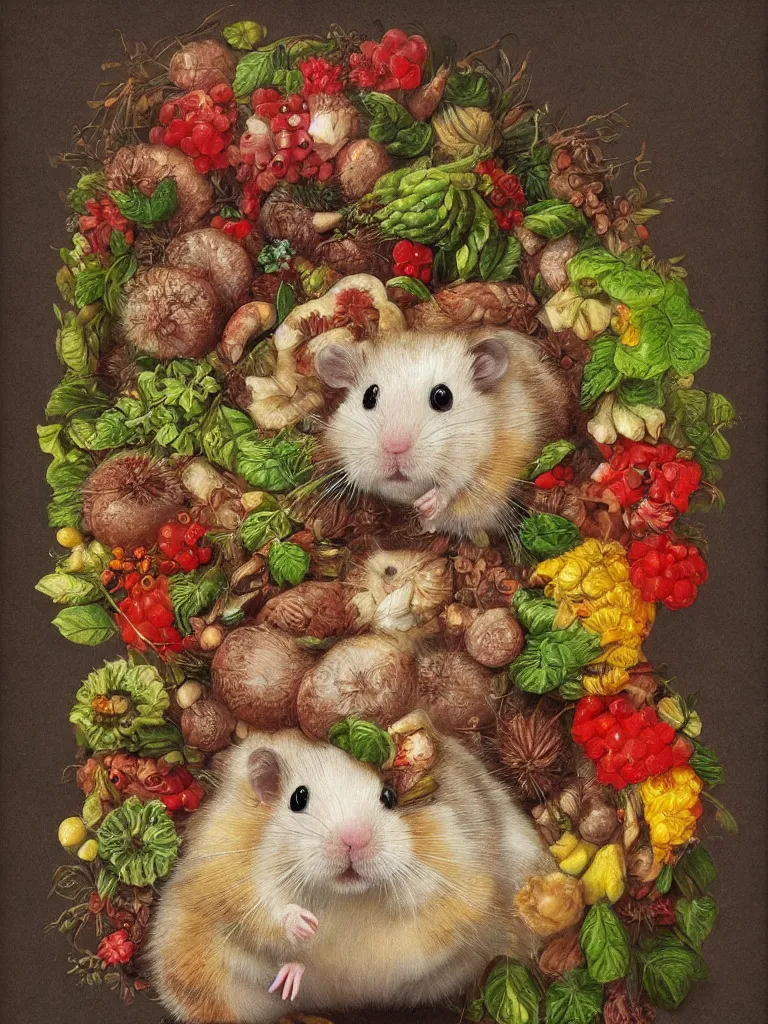 Prompt: Highly detailed cute hamster in the style of Guiseppe Arcimboldo, sharp, masterpiece, artstation