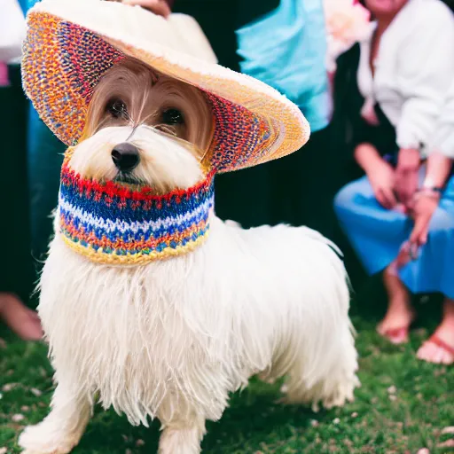 Image similar to a cream-colored Havanese dog wearing a knitted cinco de mayo poncho and hat at a fiesta in Mexico, Leica 35mm, 4K