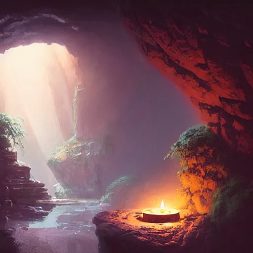 Image similar to cozy, hotspring hidden in a cave, candlelight, towels, cushions, natural light, roses, lush plants and flowers, elegant, smooth cave rock, fantasy, atmospheric lighting, digital painting, Greg Rutkowski concept art