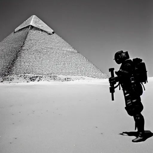 Prompt: a heavily armored man wearing a gasmask, walking over sand dunes, pyramid in background, film still, arrflex 3 5