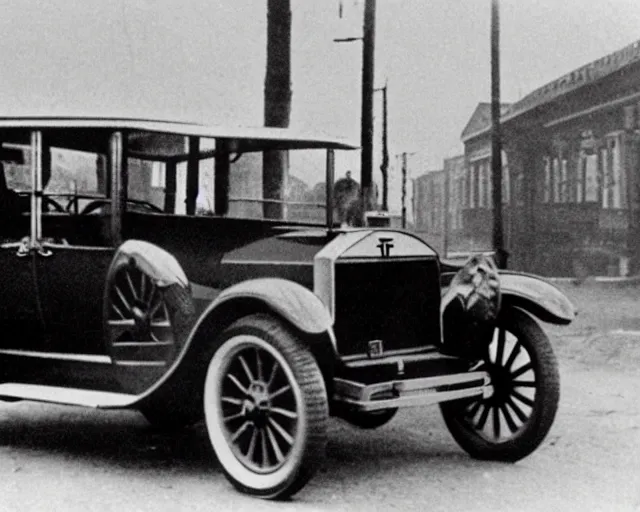 Image similar to 1 9 2 0 s photo of a person standing next to a tesla car