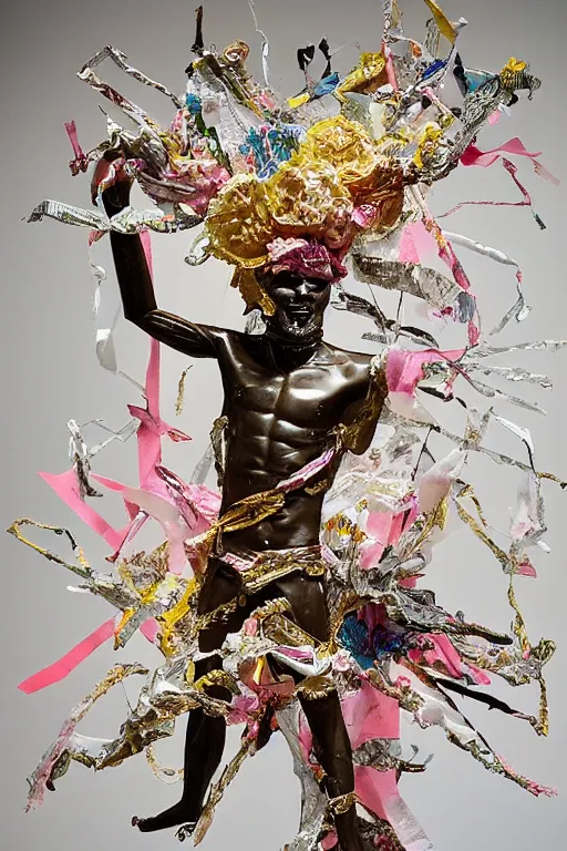 Prompt: a papercraft scene made entirely of pipecleaners and crumpled foil of Jean-Michel Basquiat as a full-body bronze baroque statue of Icarus in the posing like a bird for flight, crown of peach roses, flowing pink-colored silk, fabric, flowers. baroque elements, human skull. full-length view. baroque element. intricate artwork by caravaggio. many many birds birds on background. Trending on artstation, octane render, cinematic lighting from the right, hyper realism, octane render, 8k, depth of field, 3D