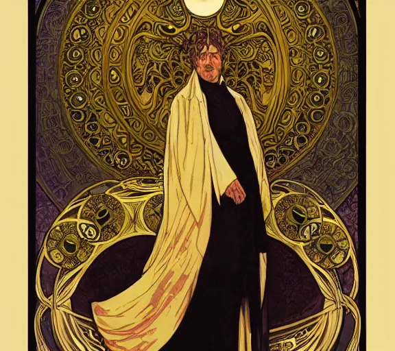 Prompt: Hastur the King in Yellow, art nouveau portrait of an eldritch elder god, by alphonse mucha, Adolfo Hohenstein, Alice Russell Glenny, Stanley Artgerm Lau, greg rutkowski, detailed 4k artwork trending on artstation, smooth, sharp focus