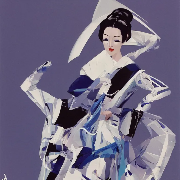 Prompt: crossdresser geisha, full body, high fashion, futurism, aerodynamic, flowing, intricate, slick, highly detailed, digital painting, vogue, concept art, smooth, sharp focus, hd, art by syd mead and john berkey and annie leibovitz