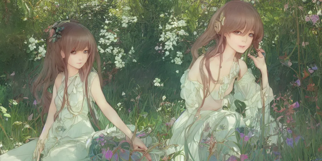 Prompt: a digital art of a loli with long hair in a dress in the privet garden at after noon, green and warm theme, by krenz cushart and mucha and akihito yoshida and greg rutkowski, detailed eyes, 4 k resolution 、 trending on art station