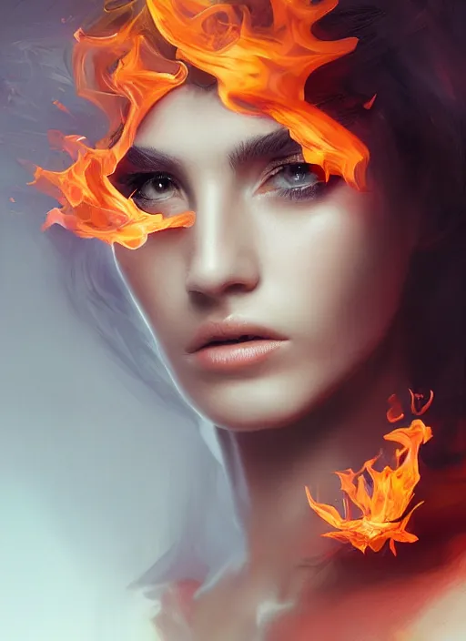 Image similar to 3d fashion portrait with fire, female, future, torch, flame, harper's bazaar, vogue, fashion magazine, intricate, concept art, close up, ornate, luxury, elite, elegant, trending on artstation, by ruan jia, by Kenneth Willardt, by ross tran, by WLOP, by Andrei Riabovitchev,