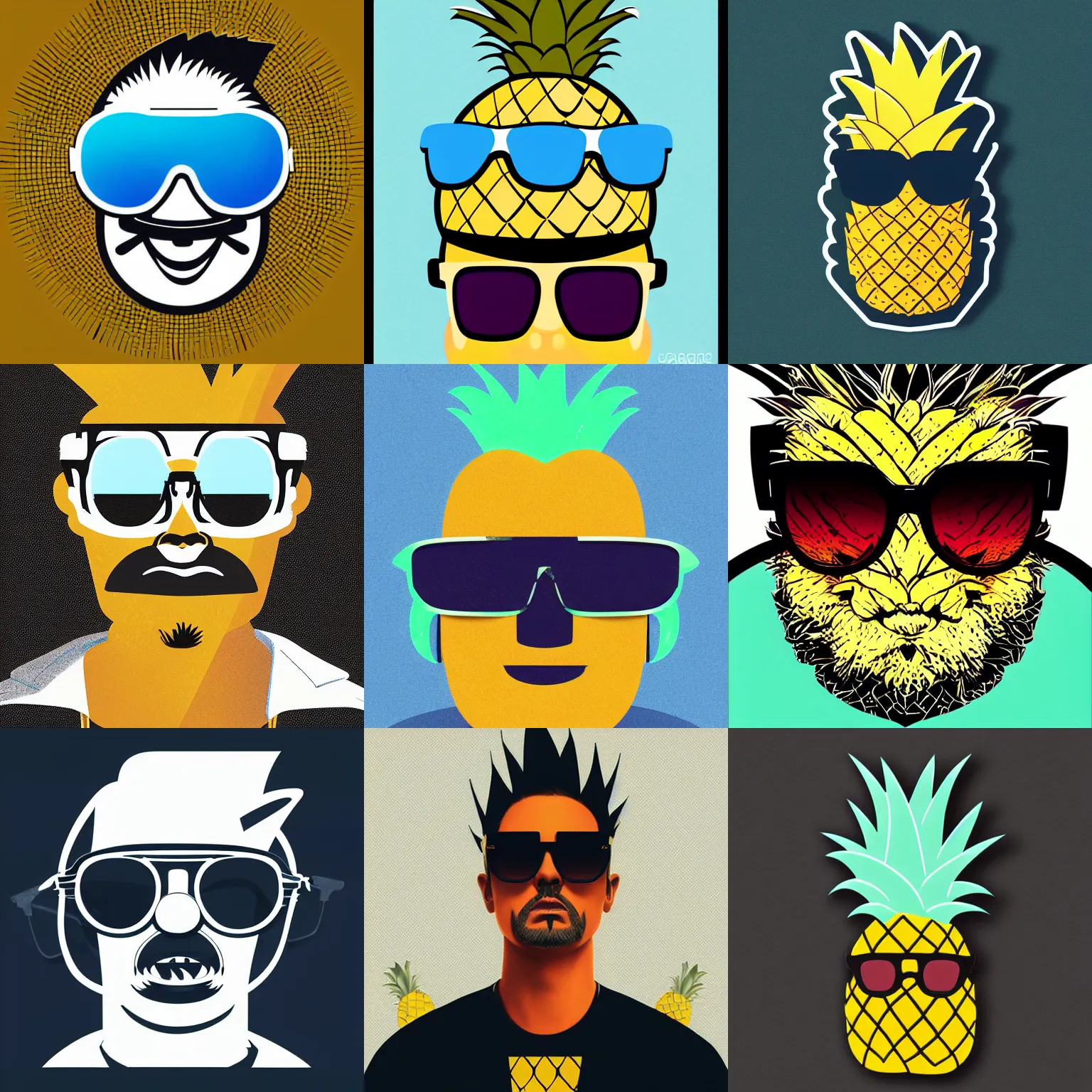 Prompt: pineapple character wearing sunglasses. vector sticker illustration. adobe illustrator. svg. dropshadow! die cut. aesthetic. heavy chromatic aberration. digital art. by greg rutkowski.