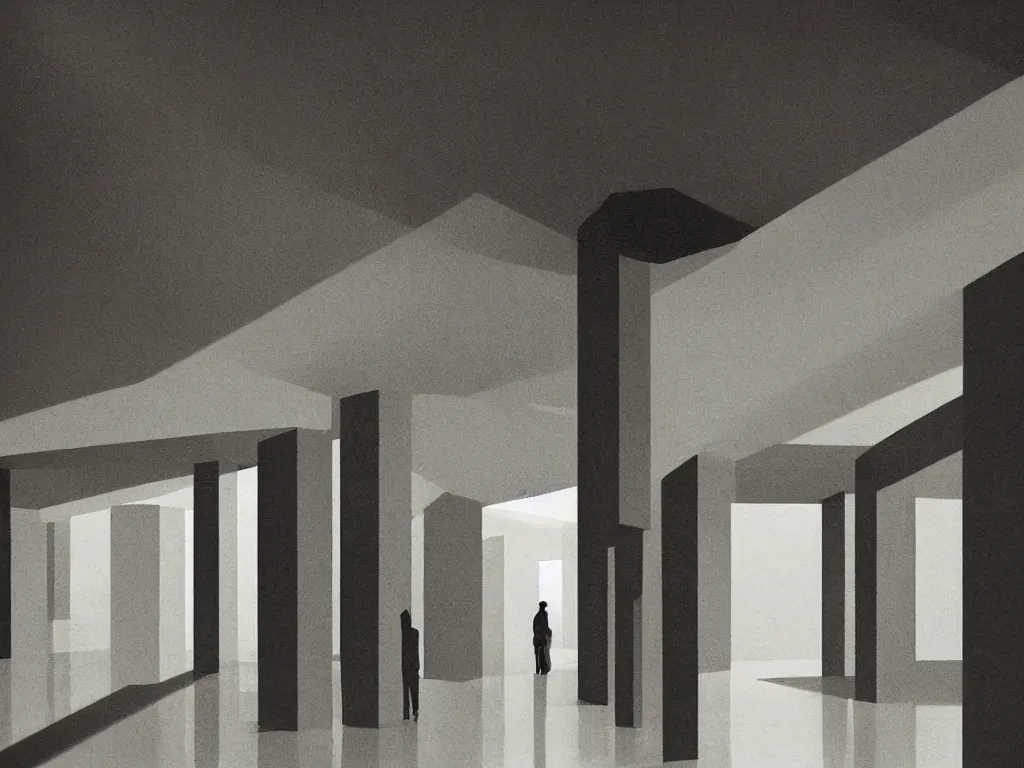 Image similar to primal colors minimalist industrial interior hallway with monolithic pillars in the style of ridley scott and stanley kubrick, impossible stijl architecture, science fiction, bauhaus, lone silhouette in the distance, ultra wide angle view, cinematic, god rays, volumetric lighting, neo tokyo, realistic detailed painting by edward hopper