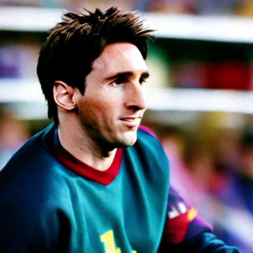 Image similar to a photograph still of Messi starring in a 1990s sitcom, 15mm