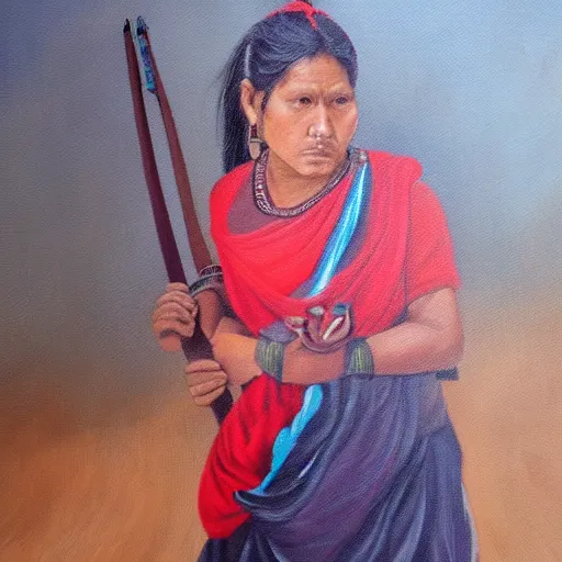 Image similar to a nepali woman carrying a sword, fierce, oil painting