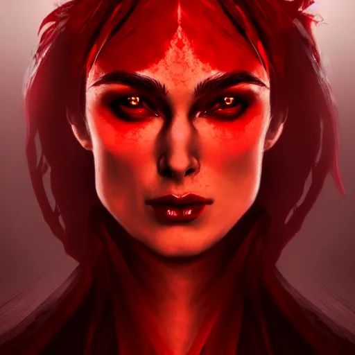 Image similar to beautiful female mage with red hair, keira knightley, black clothing, dark feathered wings, intricate, highly detailed face, trending on artstation, dramatic lighting, 4 k