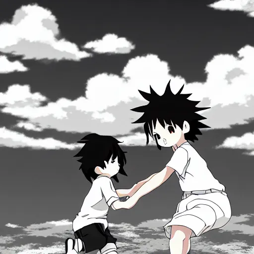 Image similar to black and white toddlers playing. anime style, environmental art animation background, studio ghibli, makoto shinkai
