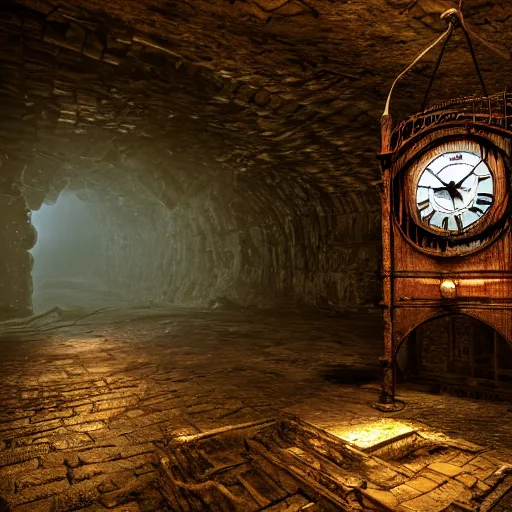 Image similar to an abandoned old rusty clocktower in a dark enormous cave, Low level, digital art, unreal engine, WLOP, trending on artstation, 4K UHD image, octane render dynamic lighting, cinematic, establishing shot, extremely high detail, photo realistic, cinematic lighting, watercolor, intricate line drawings, 8k resolution