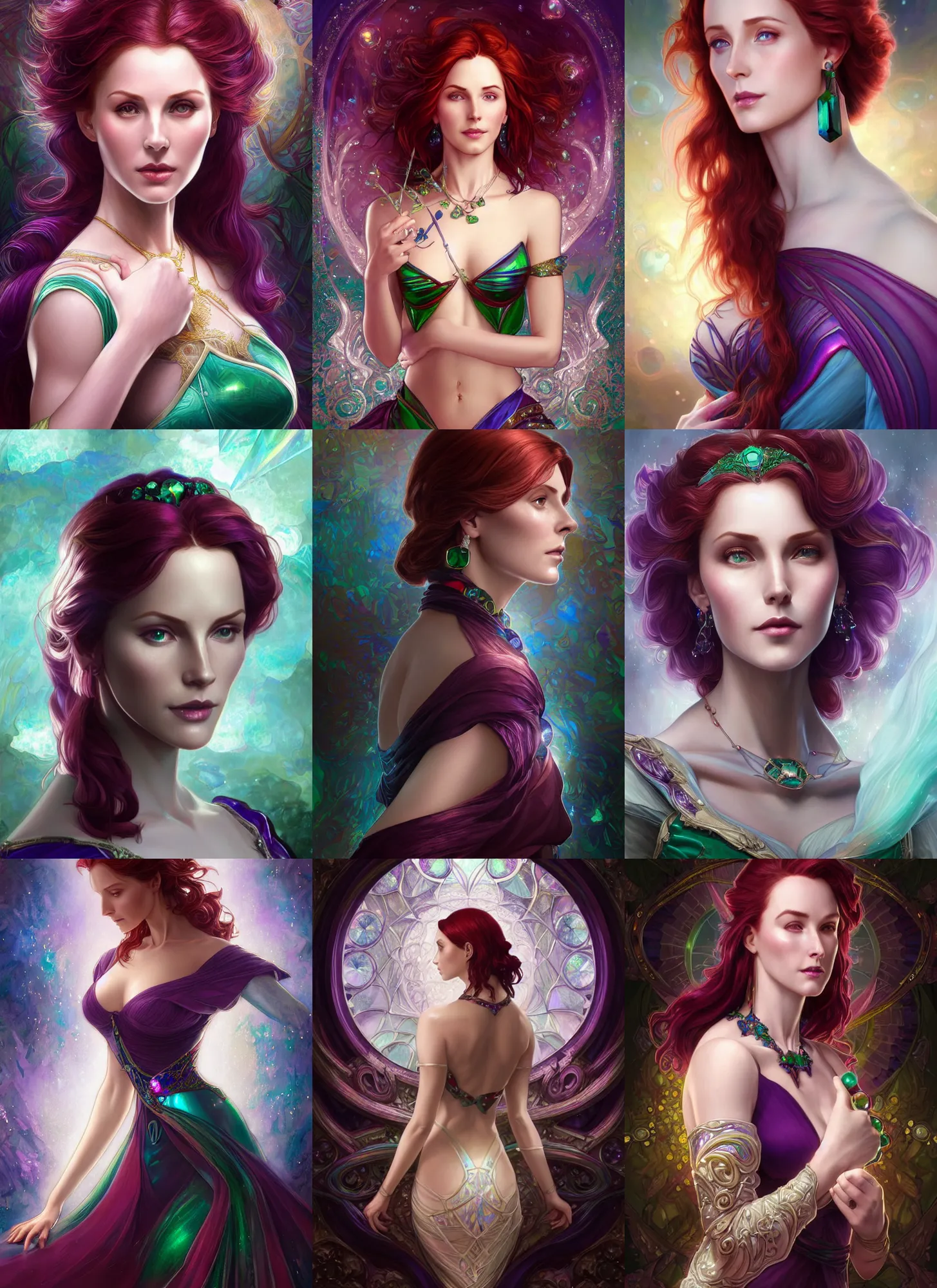 Prompt: triss merigold, iridescent diaphanous refractive and reflective crystal crystalline pearly, burgundy and emerald and amethyst and blue topaz colors, fantasy, intricate, elegant, highly detailed, digital painting, artstation, concept art, matte, sharp focus, illustration, hearthstone, art by artgerm and greg rutkowski and alphonse mucha