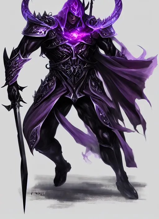 Prompt: Half-body of a muscular elven knight in black and purple armour with black. Swords are levitating beside him. In style of Hyung-tae Kim and Greg Rutkowski, concept art, trending on ArtStation, Korean MMORPG, over-detailed art, 8K, epic, dynamic lightning, dramatic pose.