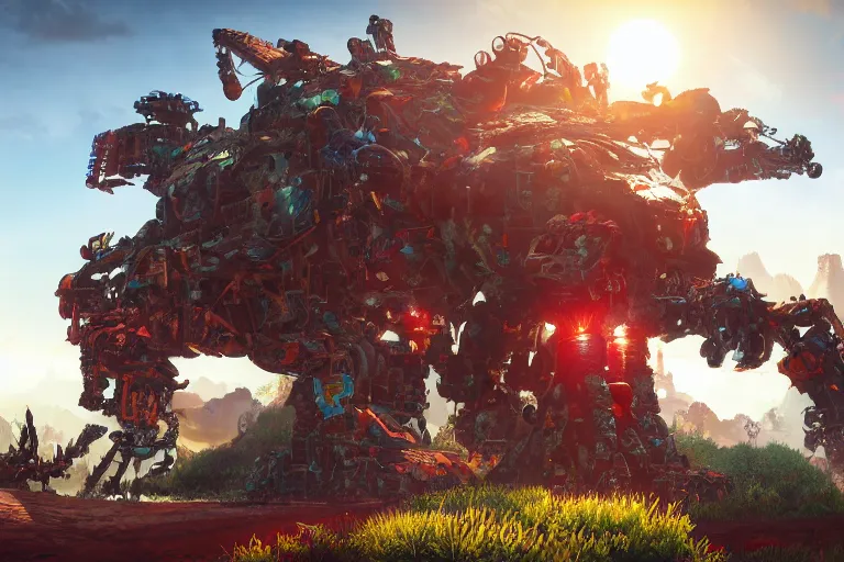 Image similar to behemoth machine mecha animal beast robot made of mango, strawberry, kiwi fruits of horizon forbidden west horizon zero dawn bioluminiscence global illumination ray tracing hdr fanart arstation by sung choi and eric pfeiffer and gabriel garza and casper konefal