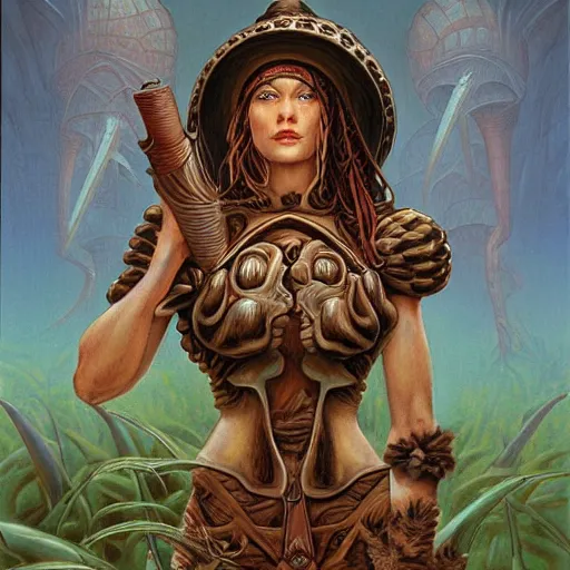 Image similar to portrait of a female mushroom warrior, by Gerald Brom