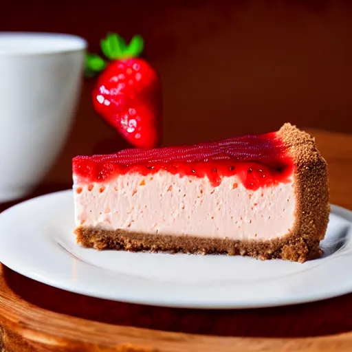 Image similar to realistic photo of a strawberry cheesecake, delicious, studio lighting, cinnamon and tea beside, realistic, food