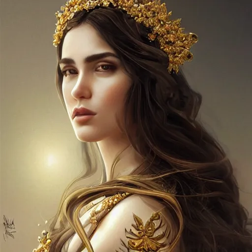 Prompt: Portrait of a Arabic Supermodel wearing a floral crown, porcelain skin, angry look, long dark hair, beautiful bone structure, shiny gold background, intricate, elegant, highly detailed, digital painting, artstation, concept art, smooth, sharp focus, illustration, art by artgerm and greg rutkowski and alphonse mucha