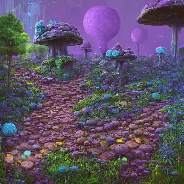 Prompt: a stone pathway leading to a a circlular portal structure built out of mushrooms and plants, circle, portal, inter - dimensional, cyberpunk, epic surrealism, indigo, purple, cyan, detailed digital matte painting in the style of simon stalenhag and greg hildebrandt artstation