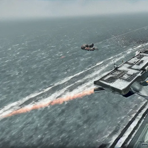 Image similar to birds eye cinematic view normandy landing in the style of call of duty