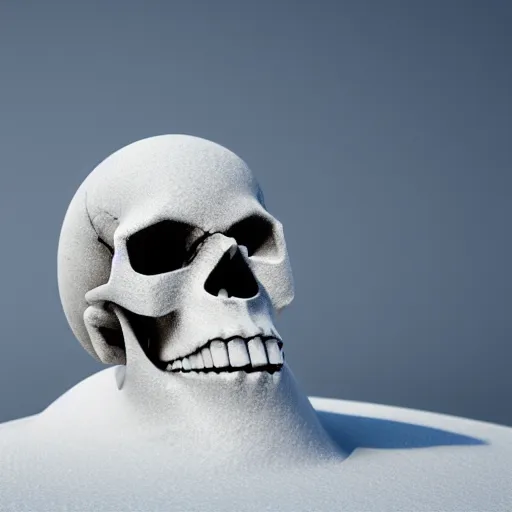 Image similar to skull sculpture covered in snow with a foggy background, 8 k, octane render, realistic, aesthetic