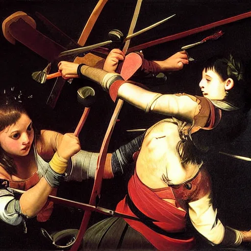 Prompt: two young girls fighting in an arena with swords, blood is splattering, highly detailed painting by the caravaggio 8 k