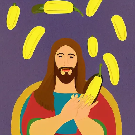 Image similar to jesus lifting a banana up into the air, digital art