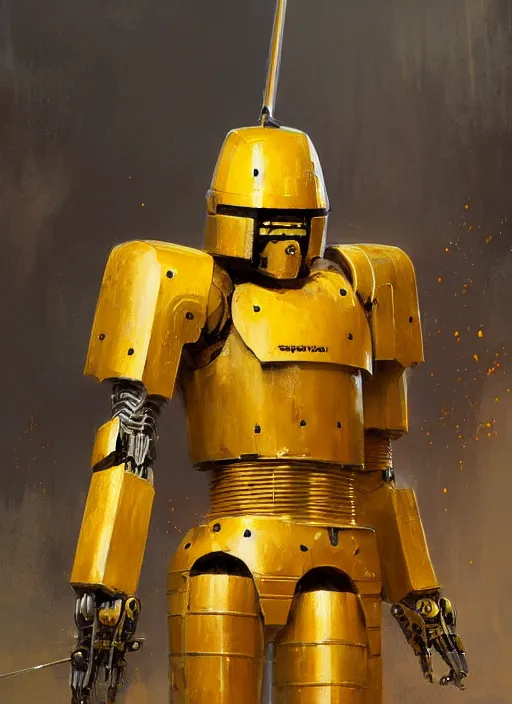 Image similar to human-sized strong intricate yellow pit droid carrying paladin medieval longsword!!!, pancake short large head painterly humanoid mecha, by Greg Rutkowski