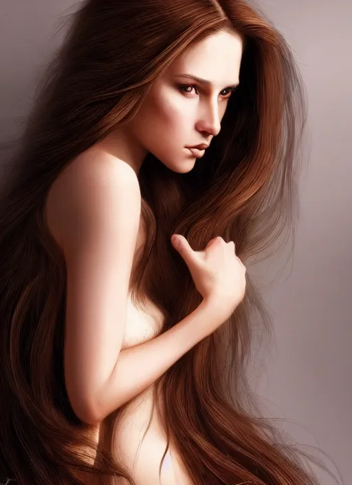 Image similar to a gorgeous female with long brown hair, photo by annie leibovitz, realistic, full body shot, wide angle, sharp focus, 8 k high definition, insanely detailed, intricate, elegant, art by stanley lau and artgerm, floating embers