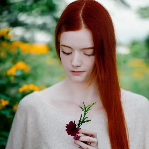 Image similar to Portrait of a young redhead lady with a flower, Canon EOS R3, f/1.4, ISO 200, 1/160s, 8K, RAW, unedited, symmetrical balance, in-frame