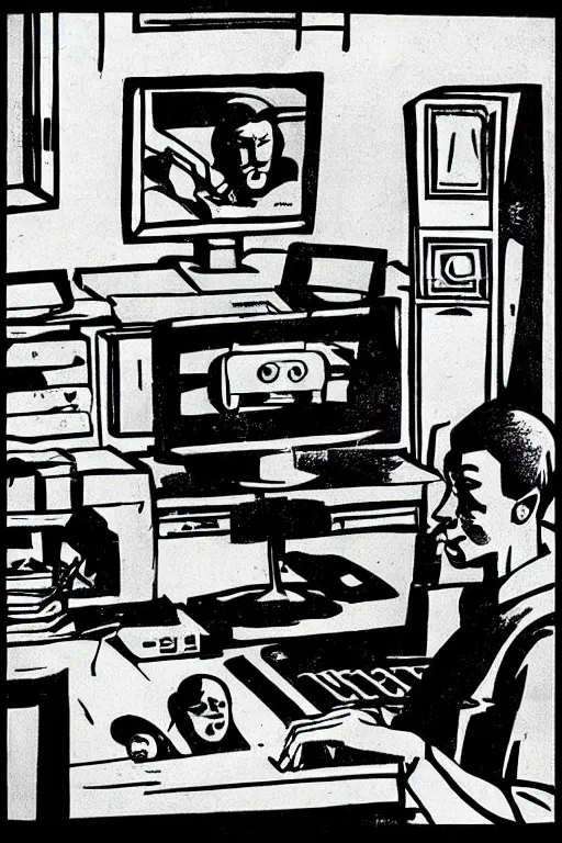 Prompt: “Room full of video production equipment. Man in front of computer. Hero! Winner! Best! Soviet propaganda poster in the style of Dmitry Moor”