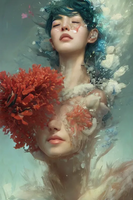 Prompt: face closeup of beautiful girl covered with coral reef and ice, 3 d render, hyper realistic detailed portrait, holding magic flowers, ruan jia, wlop. scifi, fantasy, hyper detailed, octane render, concept art, by peter mohrbacher, by wlop, by ruan jia