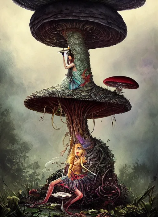 Image similar to Alice in Wonderland giant catepillar smoking a water pipe sitting on a giant mushroom,highly detailed,cinematic,Tarot card,8k,by Stanley Artgermm,Tom Bagshaw,Greg Rutkowski,Carne Griffiths, Ayami Kojima, Beksinski, Giger,trending on DeviantArt,hyper detailed,horror, full of colour