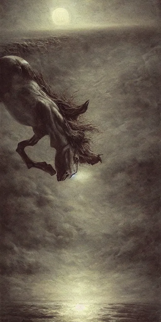 Image similar to a demon horse falls off a cliff and into the ocean under the moonlight, beksinski, dariusz zawadzki, surreal, ethereal