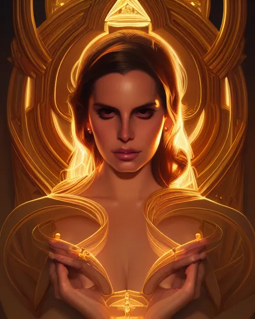 Image similar to symmetry portrait of lana del rey, photorealistic, glam, glowing lights intricate, elegant, highly detailed, digital painting, artstation, concept art, smooth, sharp focus, illustration, art by artgerm and greg rutkowski and alphonse mucha