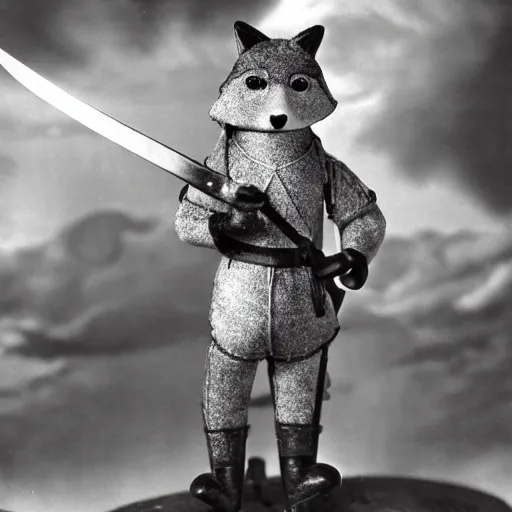 Image similar to anthropomorphic fox multi-jointed puppet who is a medieval knight holding a sword towards a stormy thundercloud, 1930s film still