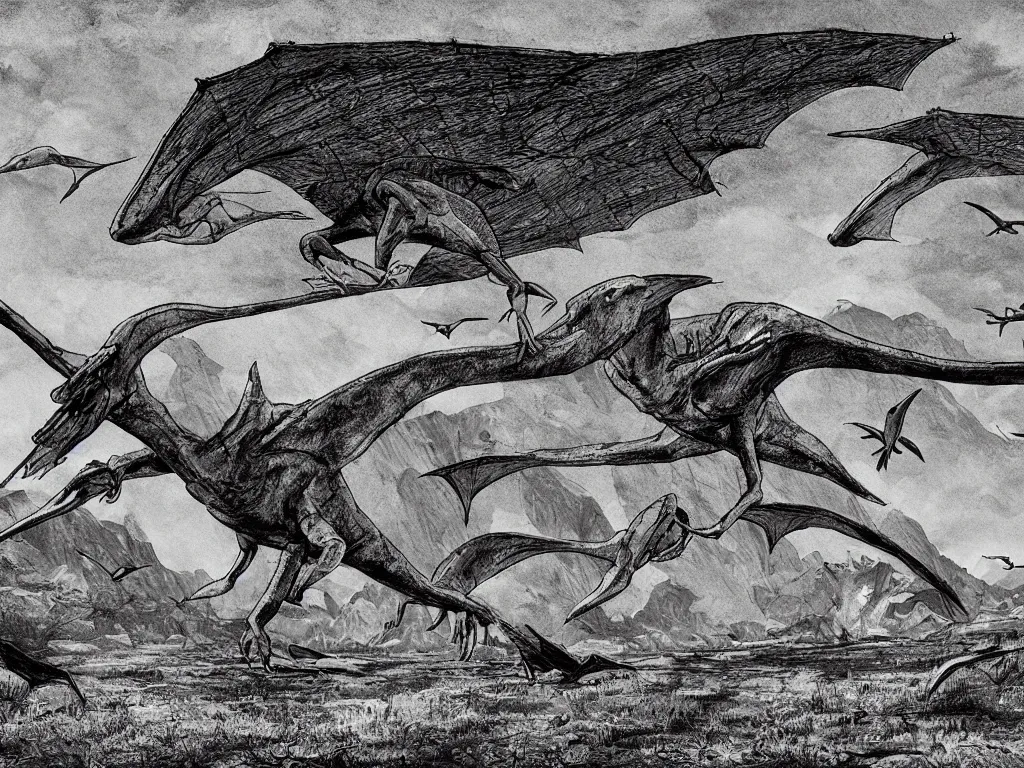 Prompt: prehistoric landscape with pterodactyl, drawn by christan delort and jean gireaud, graphic black and white, low camera, wide angle, centered composition, golden ratio