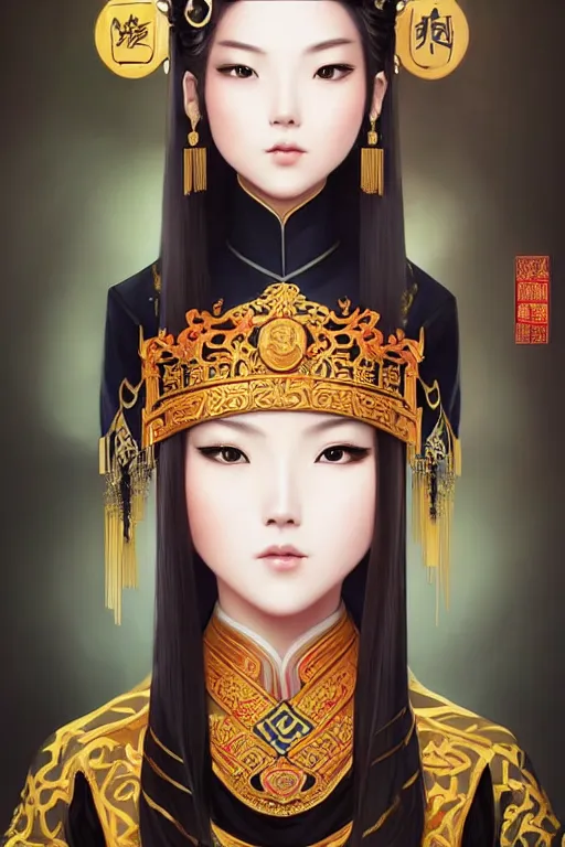 Image similar to a lovely and shiny young empress of qing dynasty, face by artgerm, ross tran, fuji choko, loish, 8 k resolution, attractive, symmetrical portrait, beautifully detailed landscape of ruin, trending on pixiv and pinterest, charming black eyes, luxury