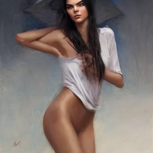 Image similar to fashion model kendall jenner by Alexander Khokhlov by Richard Schmid by Jeremy Lipking by moebius by atey ghailan