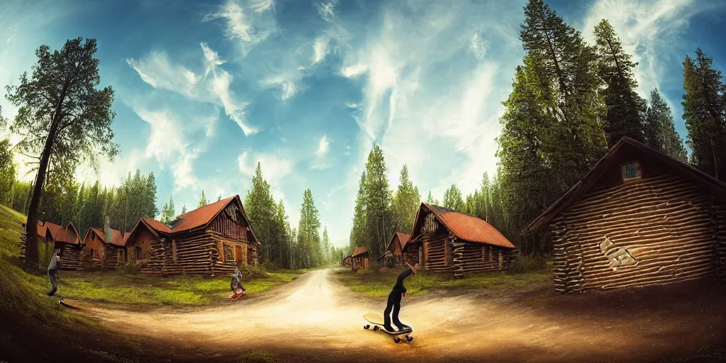 Image similar to a detailed beautiful matte painting of a skateboarder, kick flip, pilgrim village setting, log homes, dirt road, trees by Mikko Lagerstedt and Raphael Lacoste, graffiti log homes with graffiti by Fintan Magee, fisheye lens