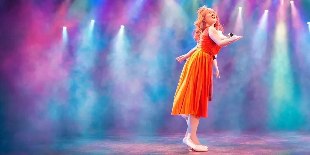 Prompt: beautiful actress singing on a stage of a broadway musical, colorful dress, rural setting, professional photography, theatrical lighting, volumetric lighting