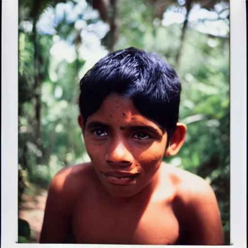 Prompt: a professional polaroid full body photo of a sri lankan jungle girl, black hair, light freckled skin and a look of panic on his face. extremely high fidelity. key light.